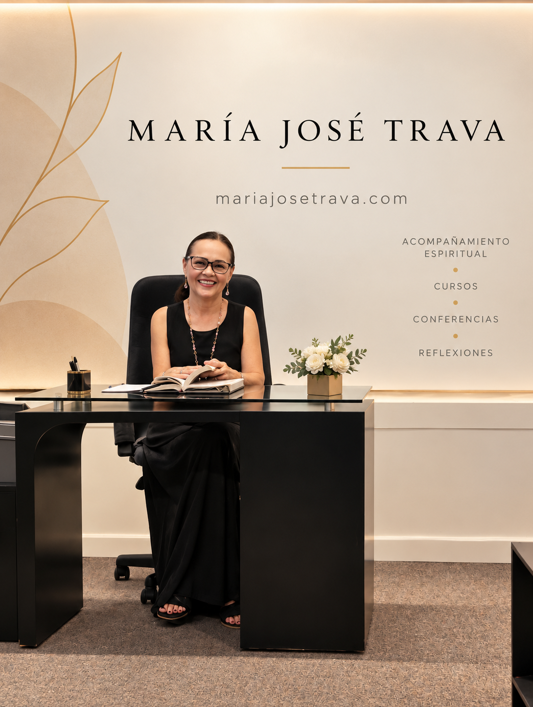 María José Trava sentada en su escritorio con un libro