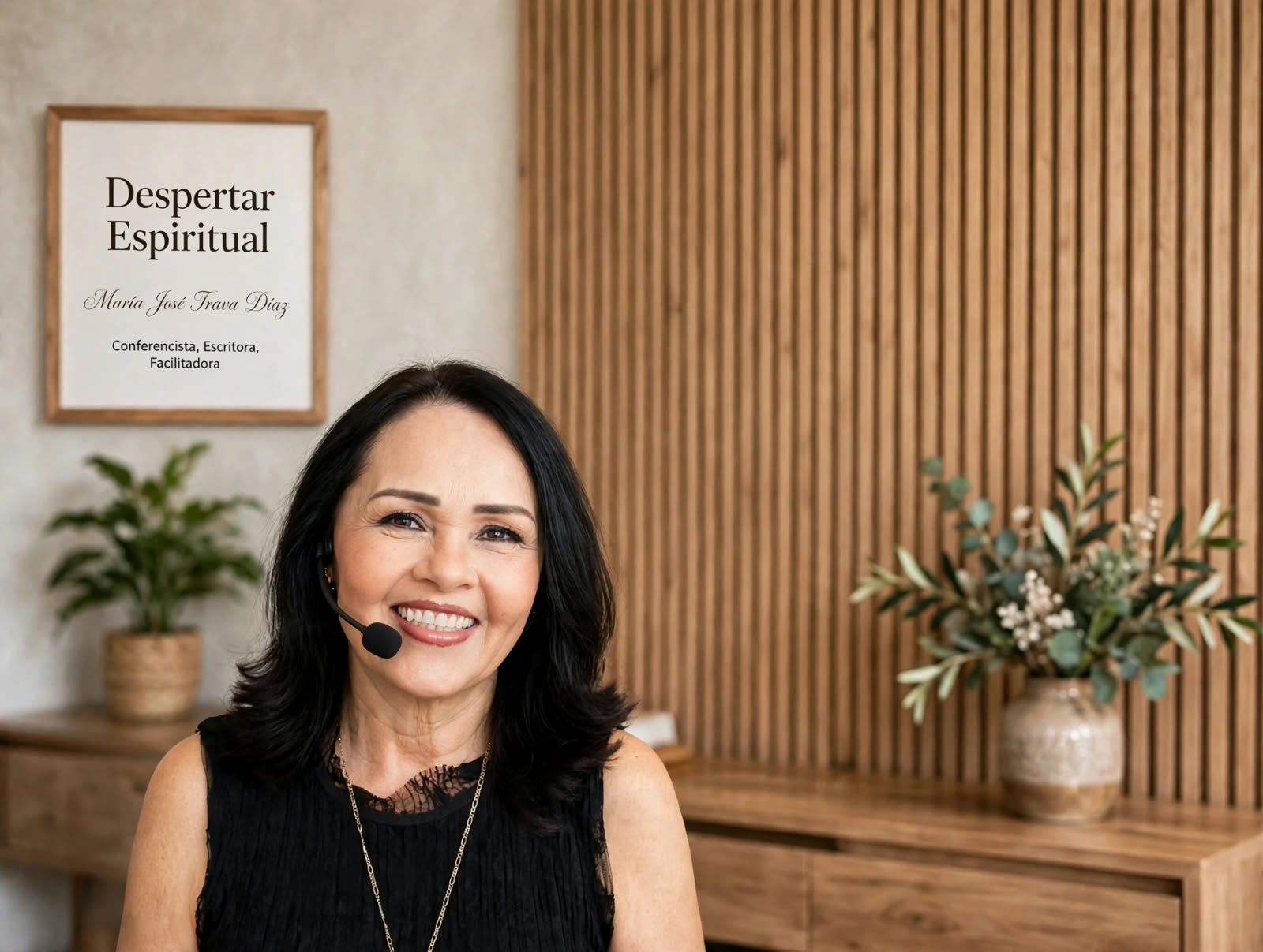 María José Trava con micrófono durante una conferencia